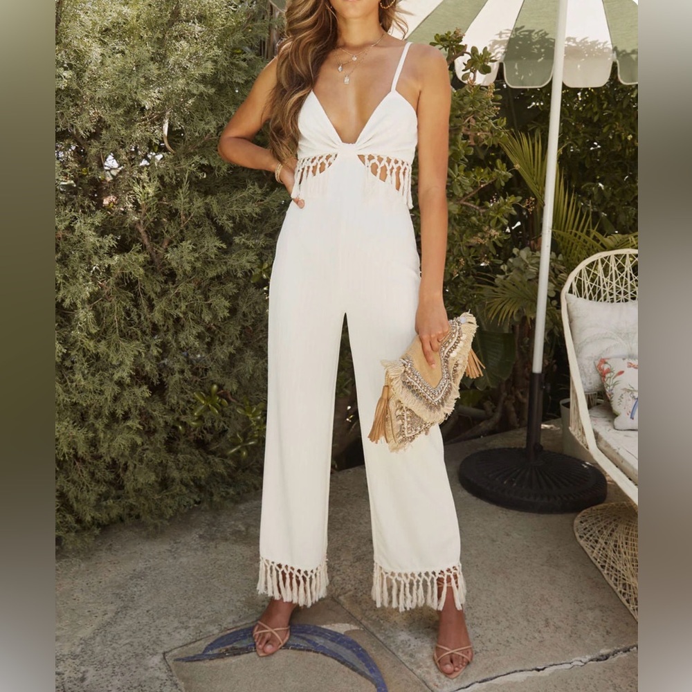 Cream White Fringe Jumpsuit